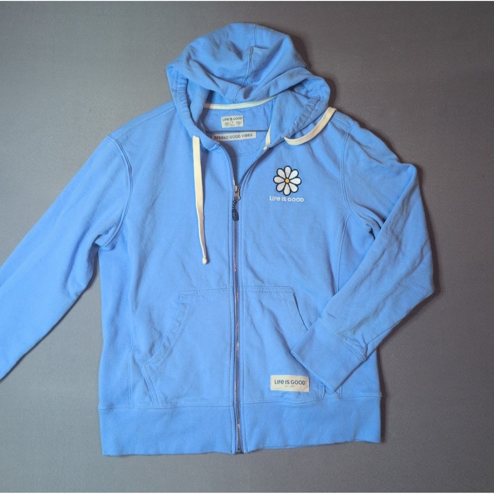 Life Is Good Blue Simple Daisy Good Vibes Fleece Zip Hoodie Size Small Women’s